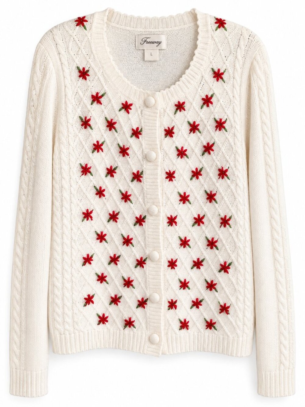 Vintage Freeway Floral Embroidered Cable Knit Holiday Cardigan White Red L - Picture 3 of 9